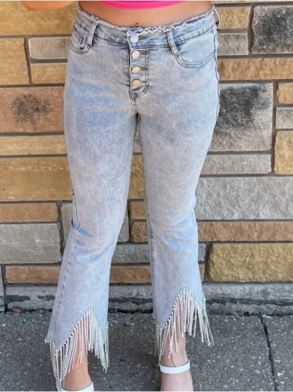 Light Gray High-Rise Flare Jeans with Rhinestone Fringe